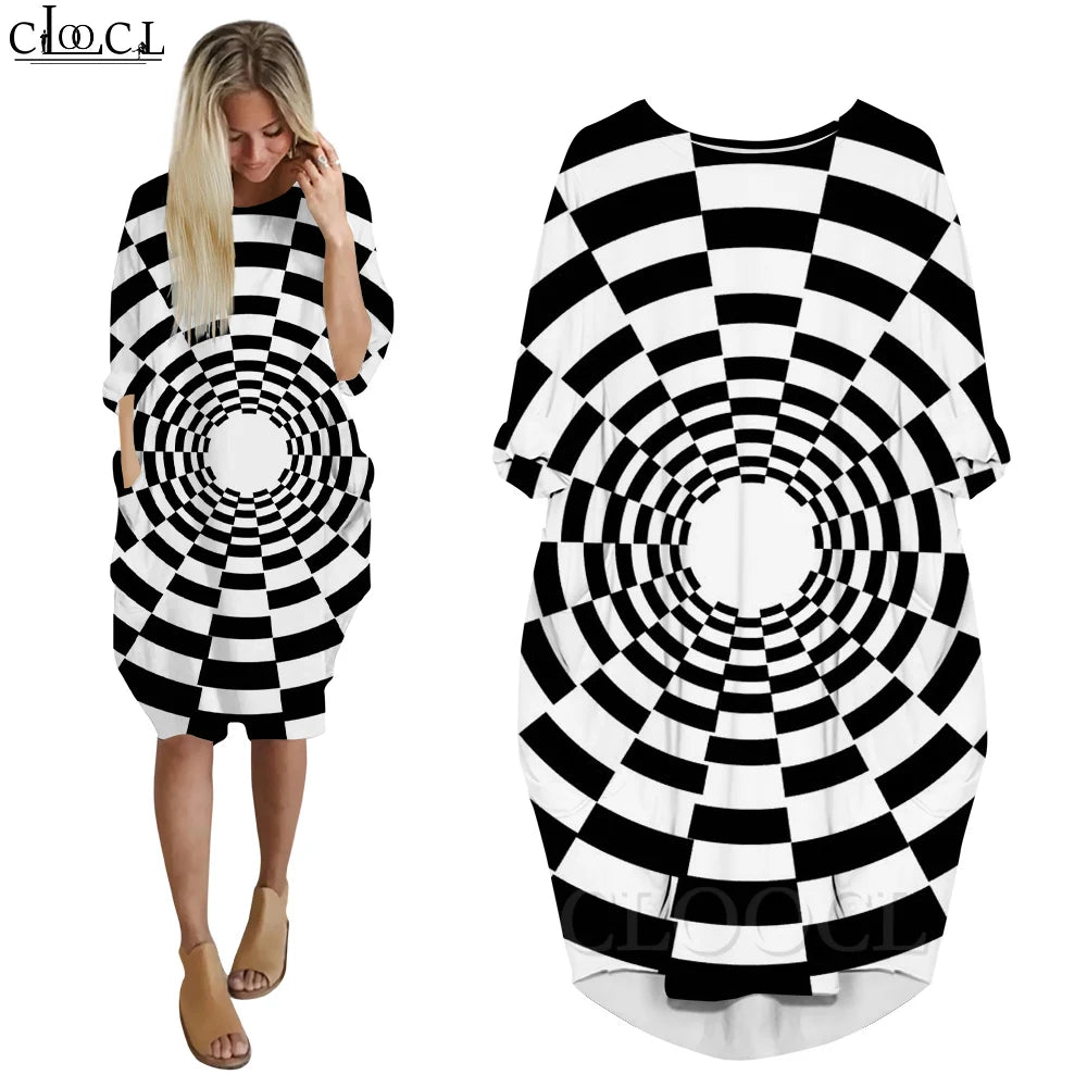 Striking Print Vortex Dress: CLOOCL Illusion Vortex Dresses Women Fashion Casual Female Clothing Print Eye-catching Street Wear Long Sleeve Midi Dresses Plus Size