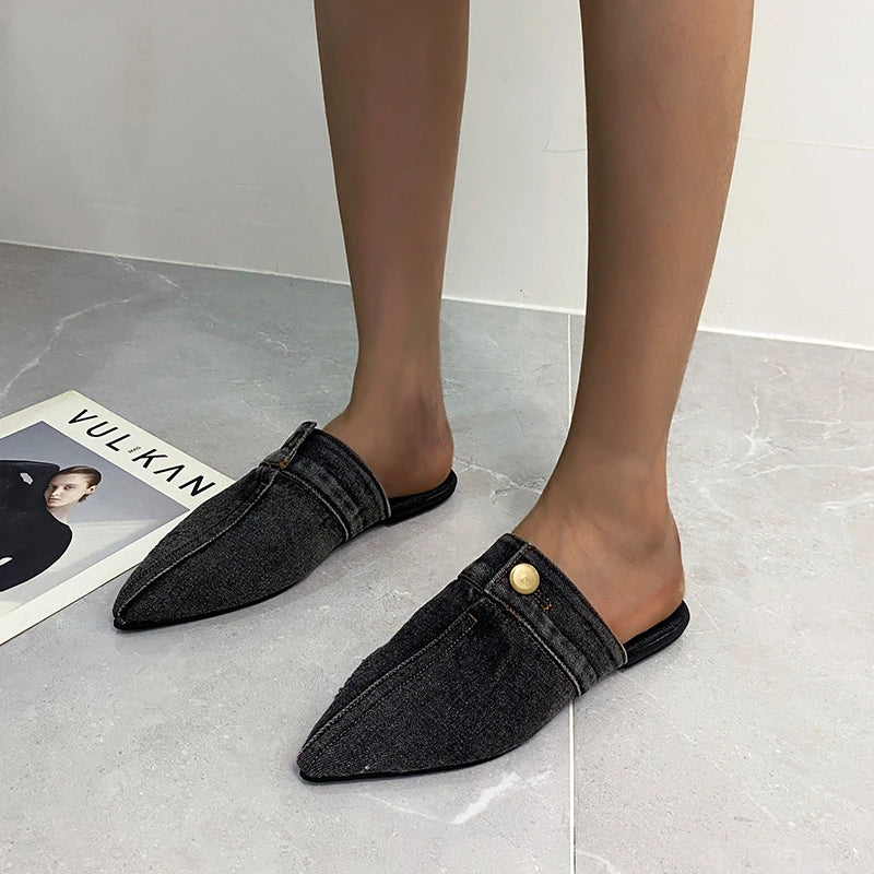 2023 New Womens Slippers Pointed Toe Denim Jeans Flat Slipper Slingbacks Womens Shoes Fashion Sandals Ladies Casual Shoes