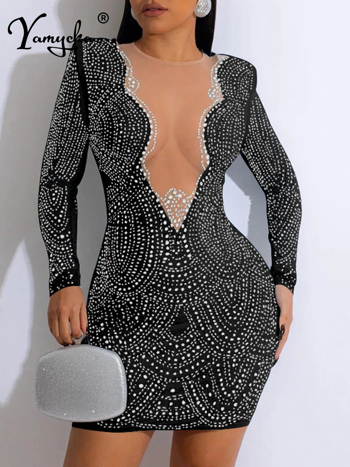 Sequin Goddess Dress (4): Sexy See Through Mesh Rhinestone Mini Summer Dress Women Evening Dresses Long Sleeve Bodycon Club Birthday Party Dress Vestidos