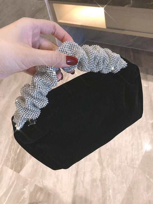 Formal Velvet Evening Clutch For Women Rhinestone Wedding Handbags Stylish Prom Cocktail Party Mini Purse Black.