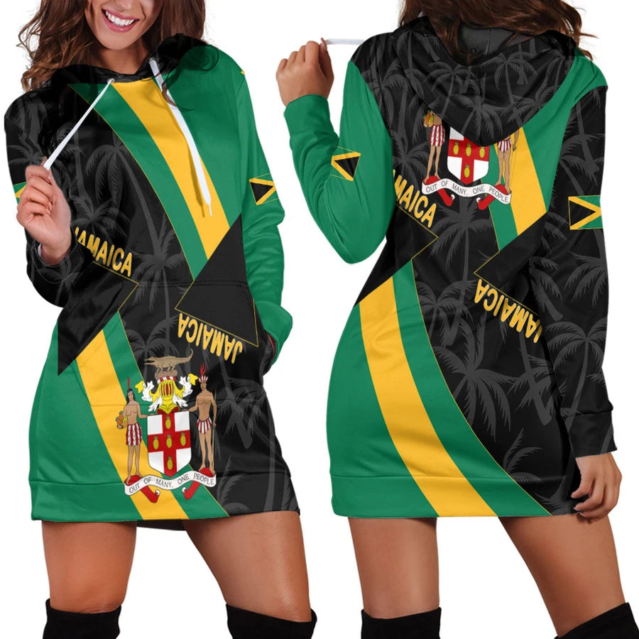 Jamaican Inspired Dress🇯🇲: JAMAICA Emblem Country Flag New Harajuku Novelty 3D Print Autumn Hoodie Dress Women Casual Wear Long Sleeve Hooded Dress Plus Size