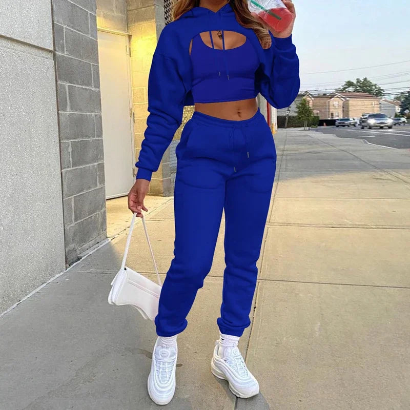 Heather Tracksuit Set: 3Pcs Set Women Tracksuit Autumn Winter Fleece Long Sleeve Pullover Crop Top Hoodie+Tanks+Jogger Pants Solid Outfit Sport Suit