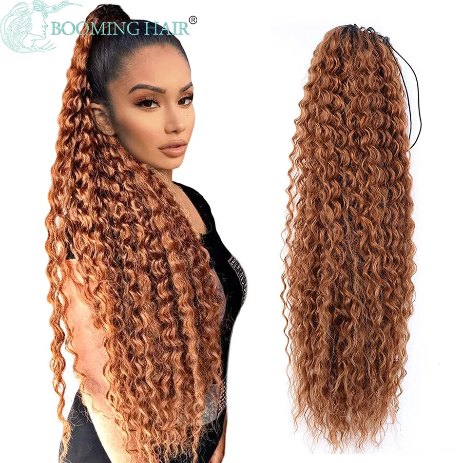 Long Drawstring Ponytail Extensions Synthetic Kinky Curly Ponytails Clip In Soft 32Inch Straight Ombre Afro Curls Fake Hair