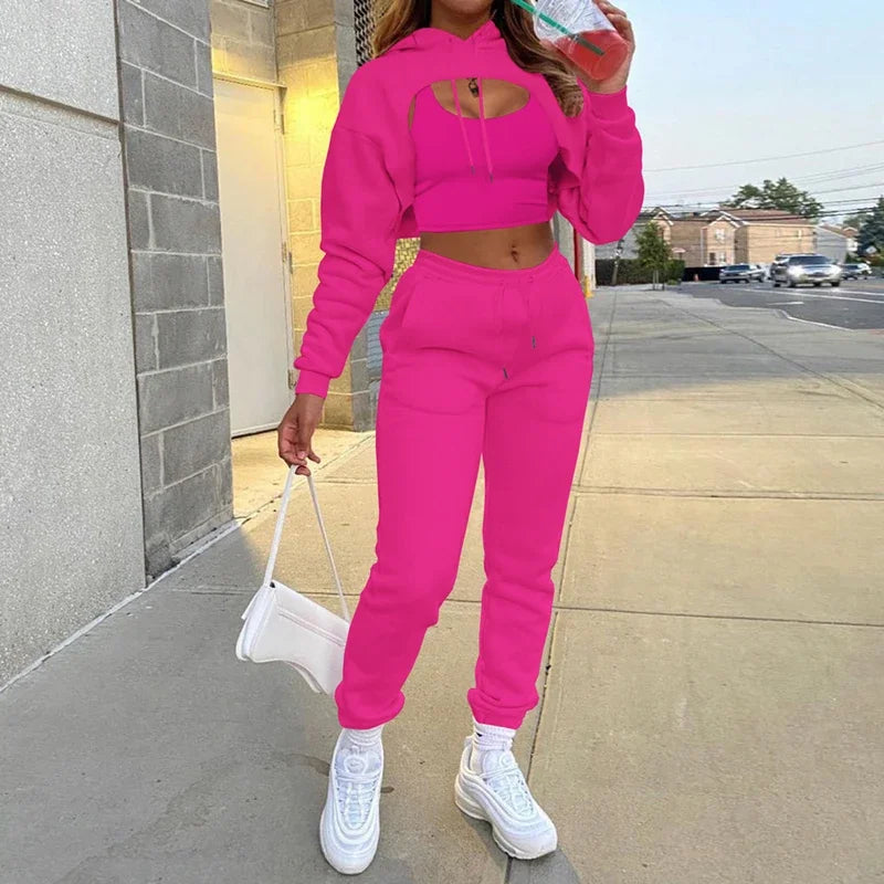 Heather Tracksuit Set: 3Pcs Set Women Tracksuit Autumn Winter Fleece Long Sleeve Pullover Crop Top Hoodie+Tanks+Jogger Pants Solid Outfit Sport Suit