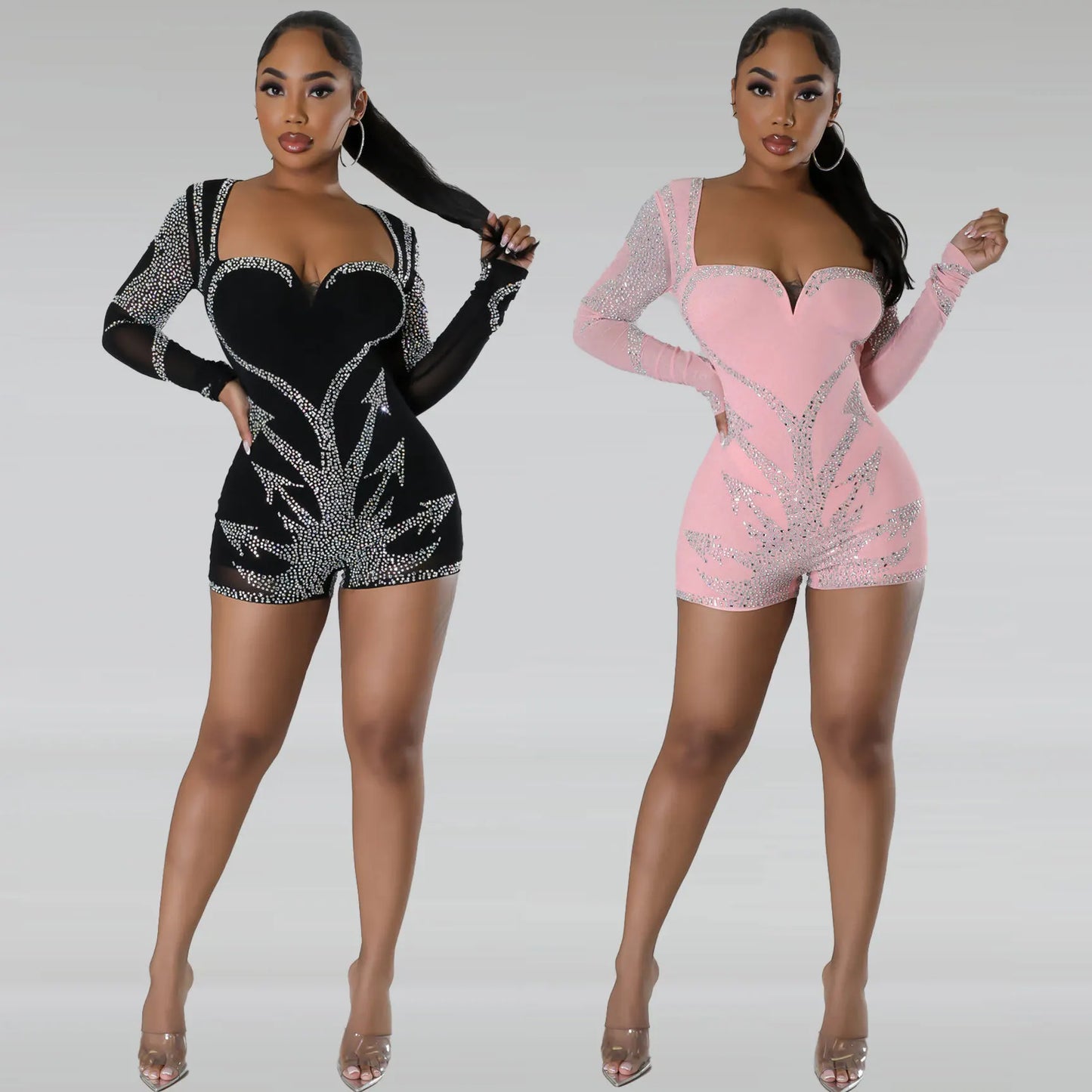 Sequin Goddess Dress (2): Sexy Rhinestone Playsuits Black Mesh Bodycon Jumpsuit Long Sleeve Night Club Outfits Women Rompers Party Corset Jumpsuits Shorts Plus Size (Up To 3XL)