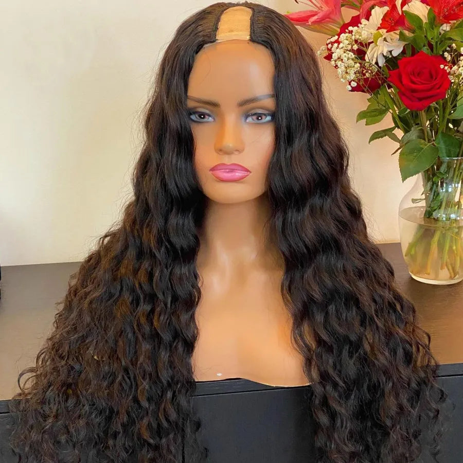 Glueless Wig: BAHW Brazilian Glueless Loose Deep Wave 100% Human Hair U Part Wigs 180% Density Remy Unprocessed Loose Deep Wave U Shape Wig