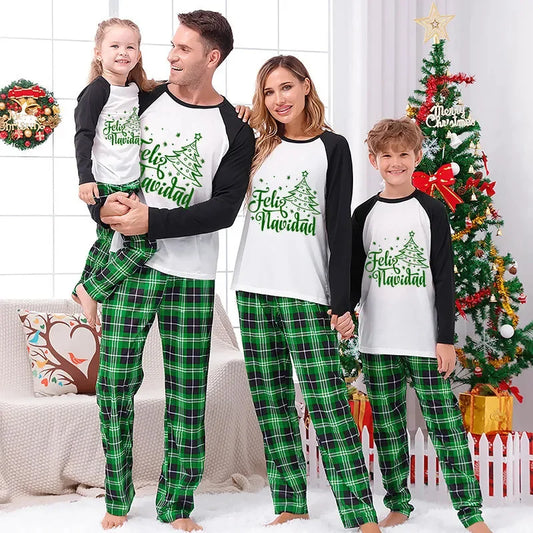 Christmas Matching Family Pajamas Feliz Navidad Christmas Tree Snowflakes Green Pajamas Set