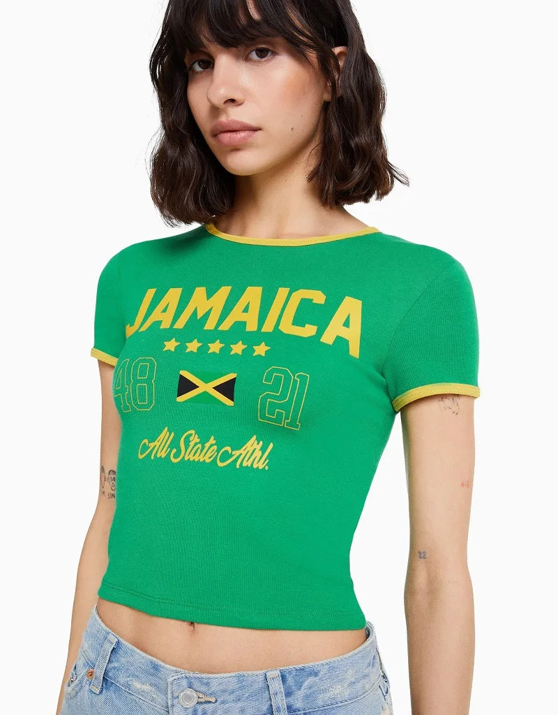 Jamaica T-Shirt🇯🇲: Aesthetic Women's JAMAICA Letter Printed Gothic Cut Top Street Wear Baby T-shirt Retro Casual Short Sleeve T-shirt Y2k Clothing