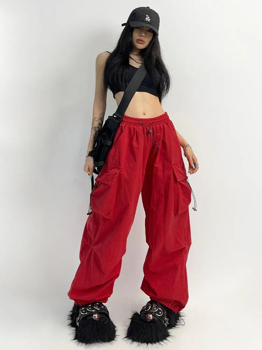 Nadeen Cargo Pants: Women Streetwear Y2K Techwear Cargo Korean Harajuku Parachute Track Pants Men Tech Sweatpants Wide Leg Joggers Trousers Clothes Plus Size Up To 3XL