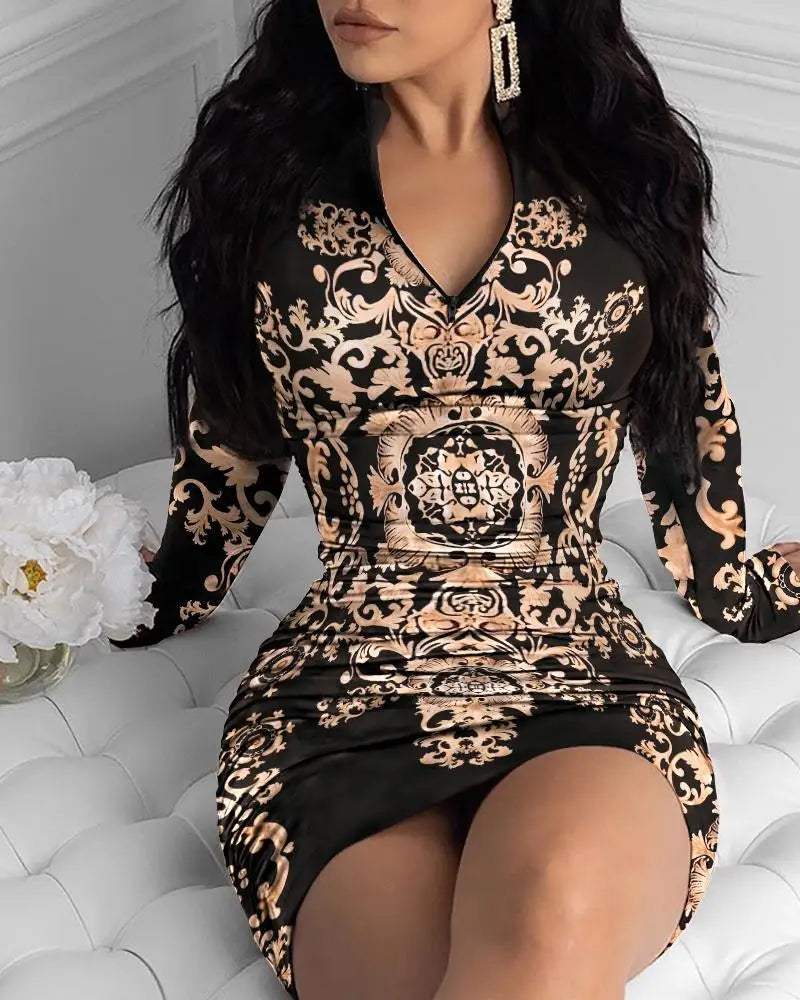 Sequin Goddess Dress (10): Elegant Women's Dresses Spring Autumn Fashion Graphic Print Zipper Detail Sexy V-Neck Long Sleeve Skinny Mini Party Dress