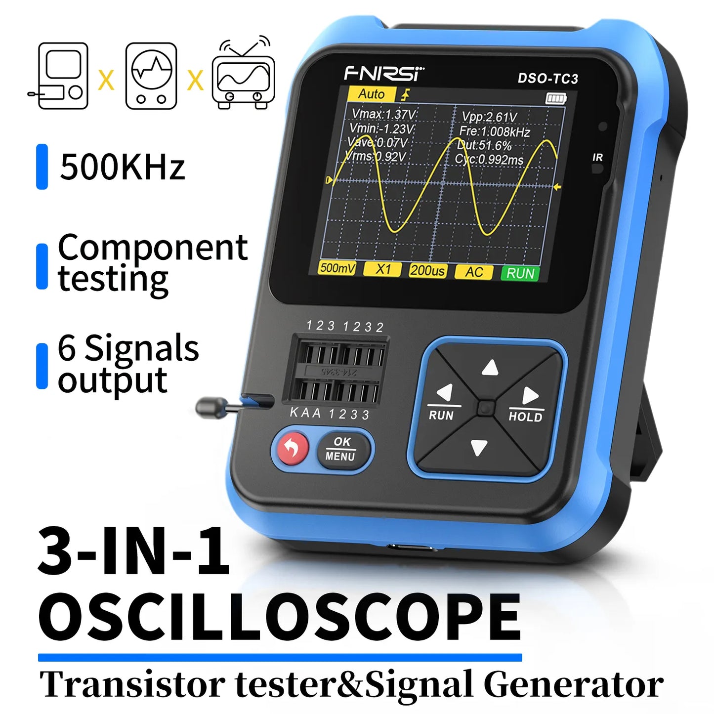 FNIRSI 500KHZ2.4 IncHandheld Digital Oscilloscope 1CH 3in1 Multifunctional Transistor Tester DIY Electronic Components Detection