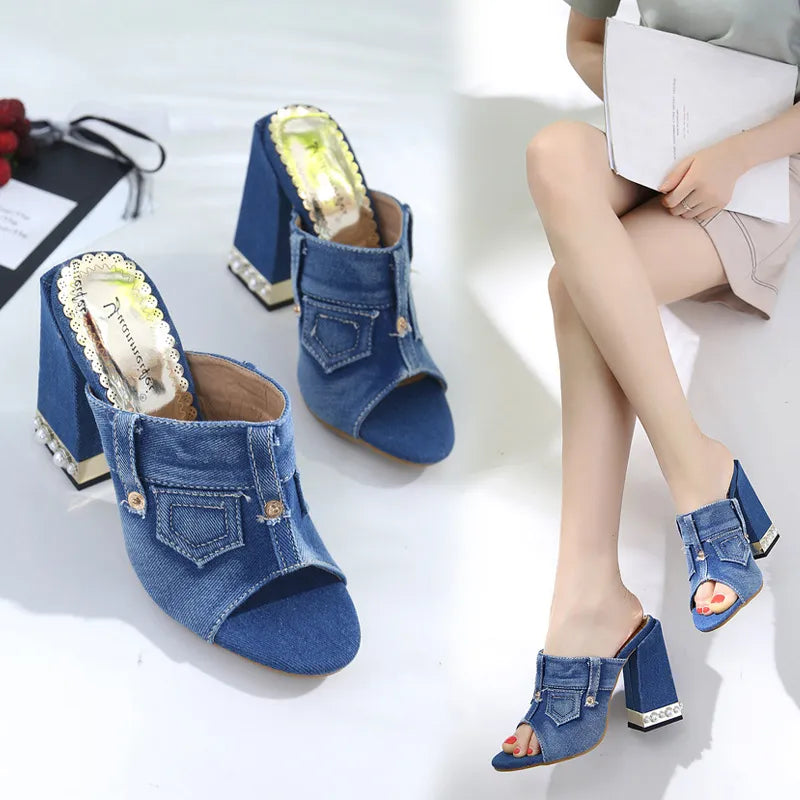 Denim Slippers/w High Heels