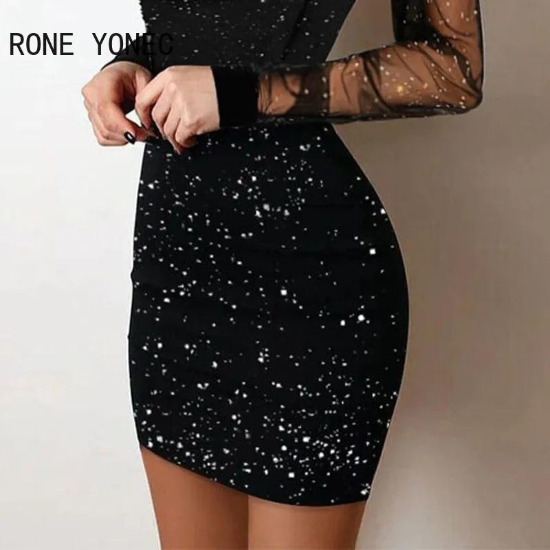 Women Elegant Chic Mesh Patchwork Deep V Neck Long Sleeves Glitter Mini Party Sexy Bodycon Black Dresses