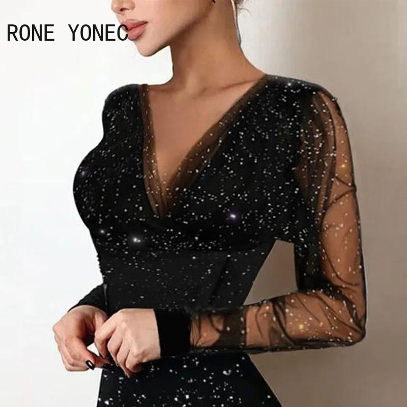 Women Elegant Chic Mesh Patchwork Deep V Neck Long Sleeves Glitter Mini Party Sexy Bodycon Black Dresses