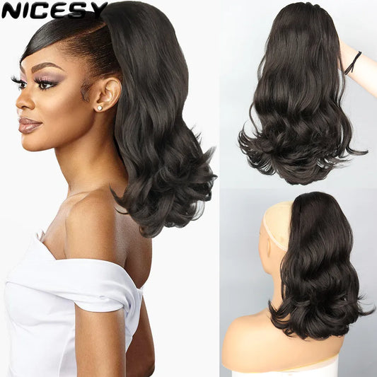 NICESY Synthetic Tail Warping 18" Hairpiece With 2 Plastic Comb Drawstring Ponytail Hair Extension Natural Black