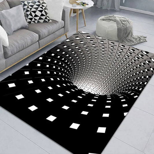 Vortex Illusion Rug 3D Trap Effect Bottomless Hole Carpet Geometric Black White Grid Bedroom Living Room Anti Slip Floor Mats