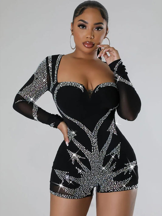 Sequin Goddess Dress (2): Sexy Rhinestone Playsuits Black Mesh Bodycon Jumpsuit Long Sleeve Night Club Outfits Women Rompers Party Corset Jumpsuits Shorts Plus Size (Up To 3XL)