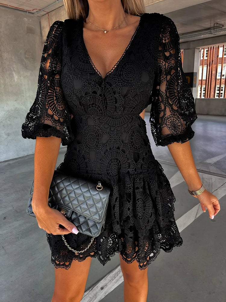 Women Casual Flare Sleeve Loose Dress Ladies Elegant V Neck Solid Party Dress Summer Sexy Hollow Out Femme Tassel Dress Vestidos