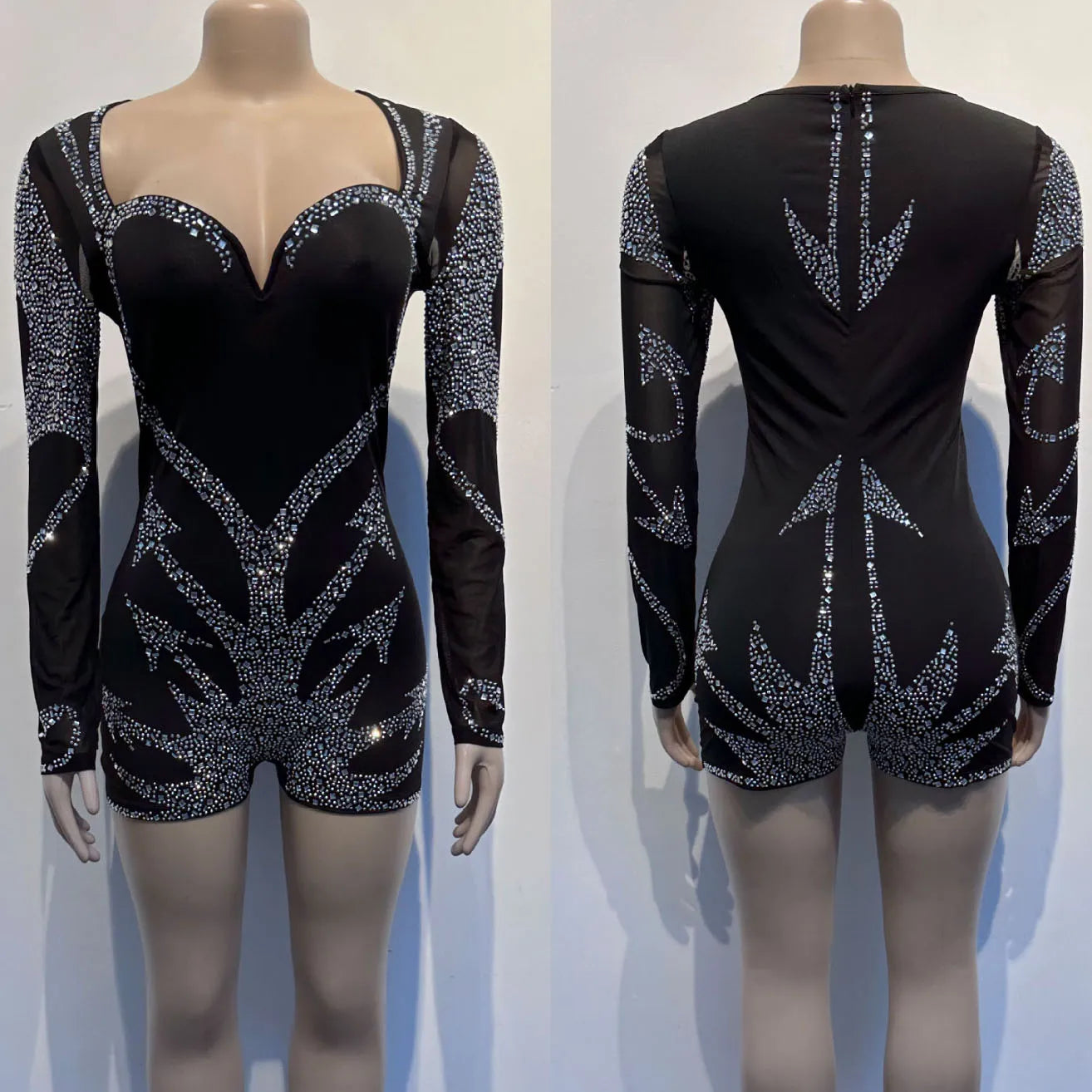 Sequin Goddess Dress (2): Sexy Rhinestone Playsuits Black Mesh Bodycon Jumpsuit Long Sleeve Night Club Outfits Women Rompers Party Corset Jumpsuits Shorts Plus Size (Up To 3XL)