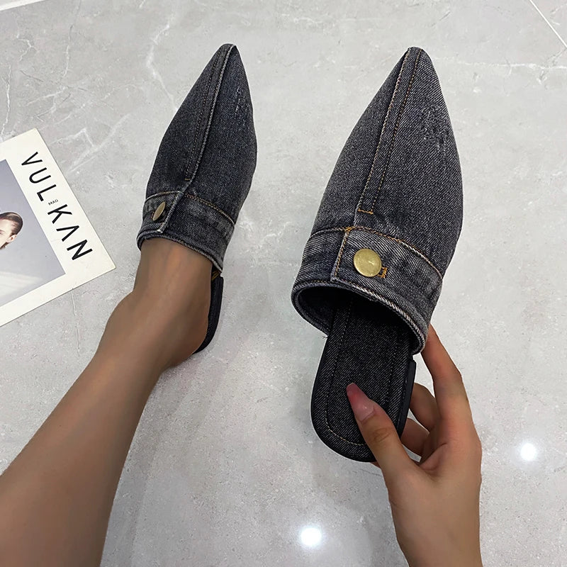 2023 New Womens Slippers Pointed Toe Denim Jeans Flat Slipper Slingbacks Womens Shoes Fashion Sandals Ladies Casual Shoes