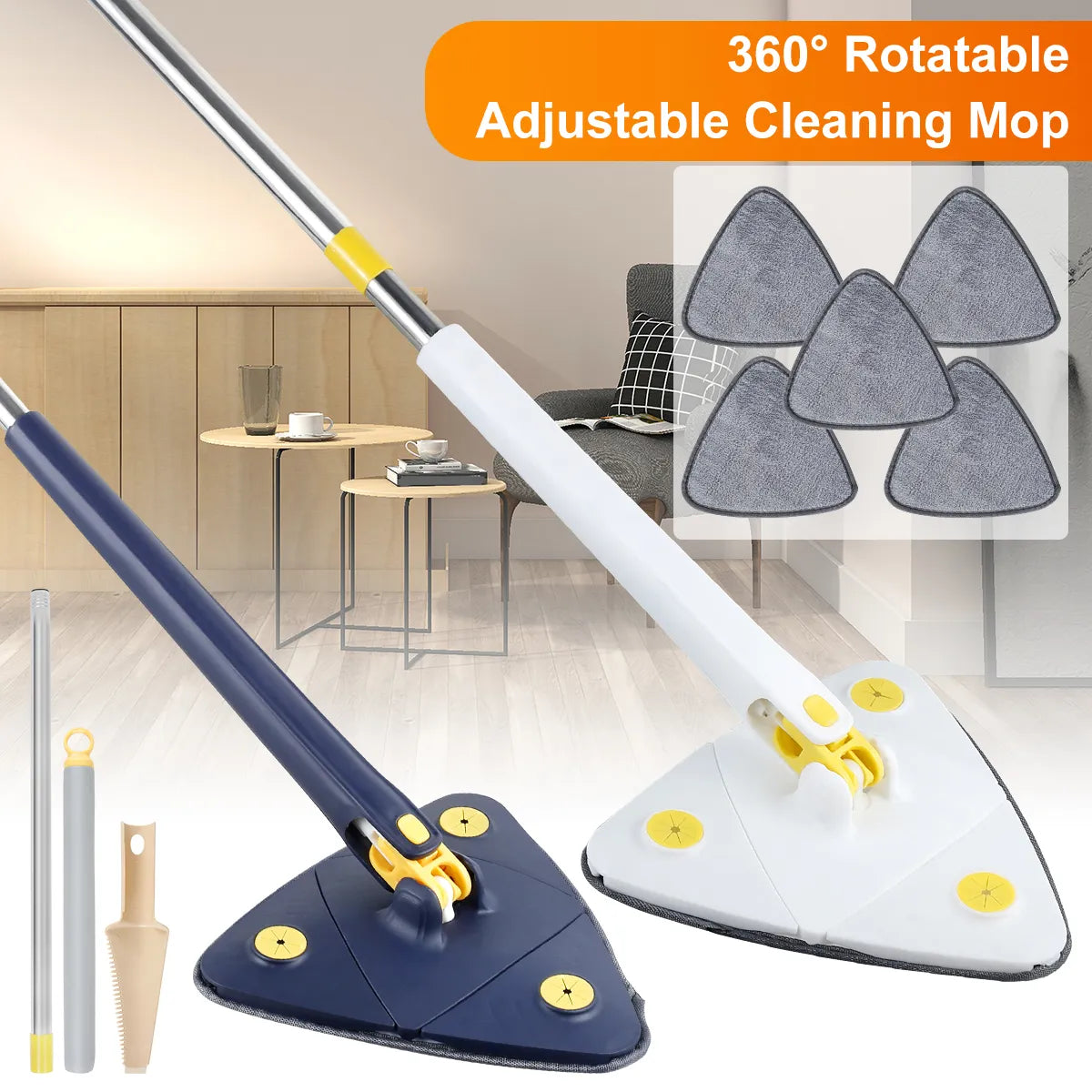 Cleaning Rotatable Mop: Cleaning Mop 360° Rotatable Water Absorption Triangular Mop Foldable Automatic Water Squeezing Wall Cleaning Mop OR 3 Mop Cloth