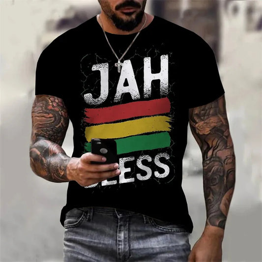 Jamaica "JAH BLESS" T-Shirt🇯🇲: New Fashion Personality 3D Unisex Street Leisure Reggae Round Neck Short Sleeve Men's T-shirt Large T-shirt Top Clothing