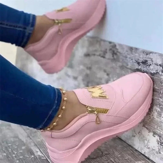 Women's Shoes: Jogging Shoes Thick Bottom Solid Ladies Vulcanized Sneakers Casual Wedges Slip on Zipper Shoes Women Platform Sneakers