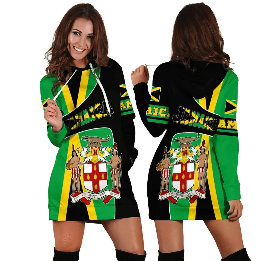 Jamaican Inspired Dress🇯🇲: JAMAICA Emblem Country Flag New Harajuku Novelty 3D Print Autumn Hoodie Dress Women Casual Wear Long Sleeve Hooded Dress Plus Size