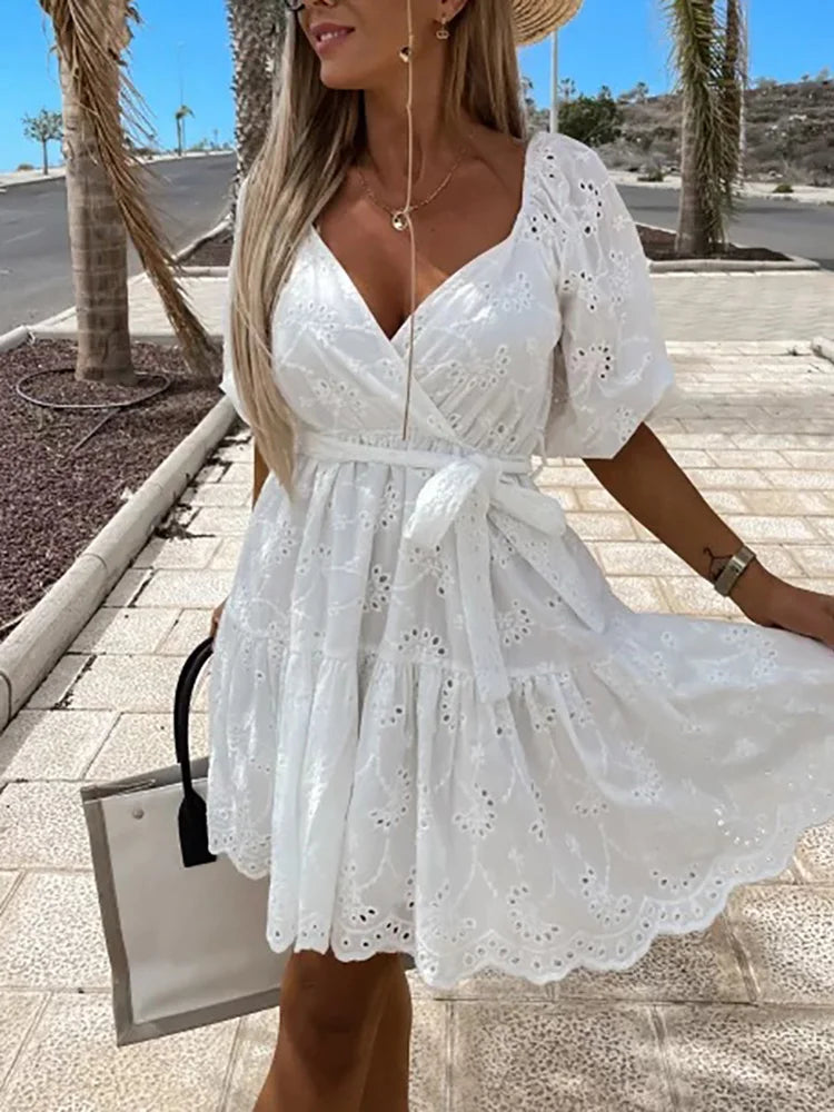 Women Casual Flare Sleeve Loose Dress Ladies Elegant V Neck Solid Party Dress Summer Sexy Hollow Out Femme Tassel Dress Vestidos