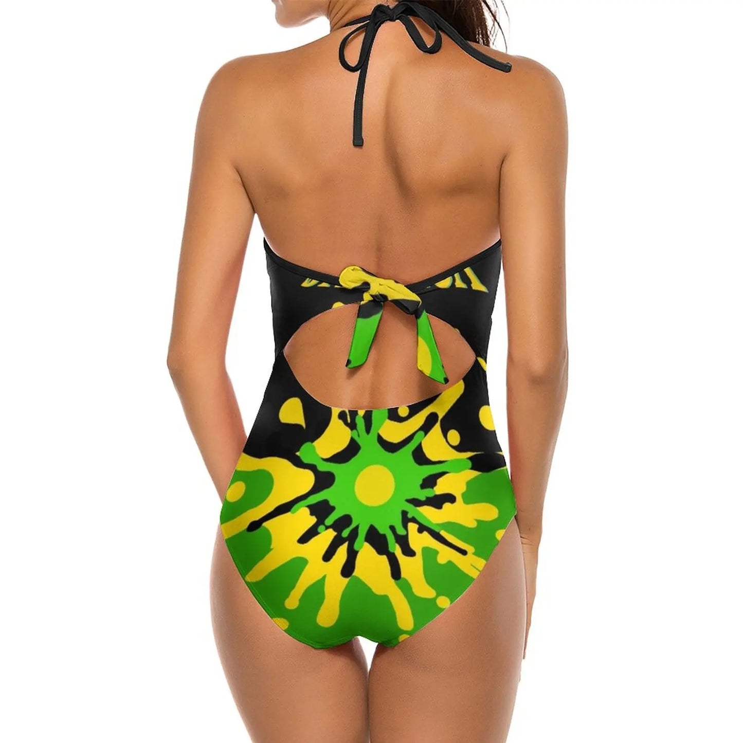 Jamaican Inspired Swimsuit🇯🇲: A Splash Of Jamaica Colors Women Printed One Piece Swimwear Sexy Backless Swimsuit V Neck Summer Beach Wear Splash Splashing