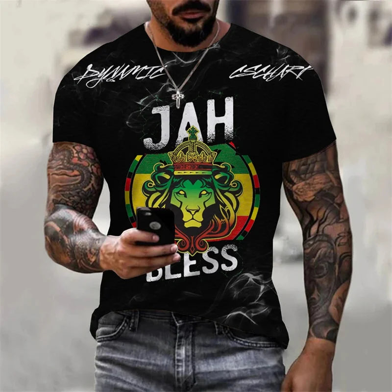 Jamaica "JAH BLESS" T-Shirt🇯🇲: New Fashion Personality 3D Unisex Street Leisure Reggae Round Neck Short Sleeve Men's T-shirt Large T-shirt Top Clothing