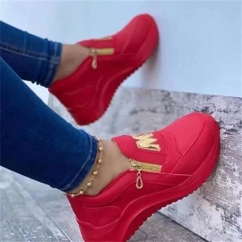 Women's Shoes: Jogging Shoes Thick Bottom Solid Ladies Vulcanized Sneakers Casual Wedges Slip on Zipper Shoes Women Platform Sneakers