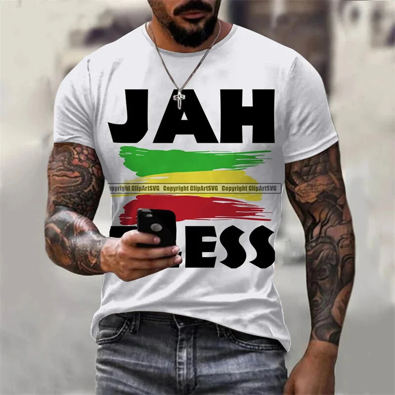 Jamaica "JAH BLESS" T-Shirt🇯🇲: New Fashion Personality 3D Unisex Street Leisure Reggae Round Neck Short Sleeve Men's T-shirt Large T-shirt Top Clothing