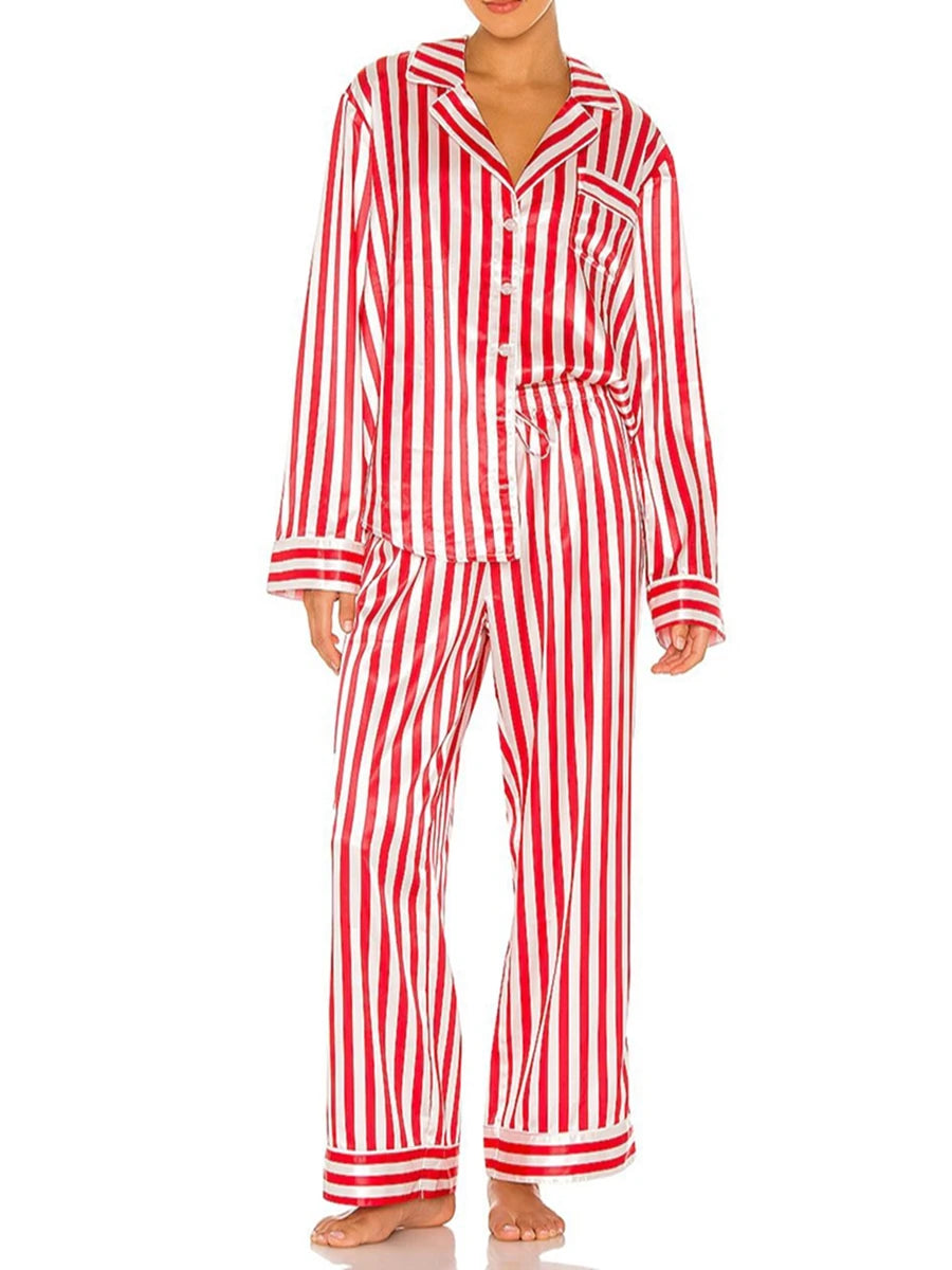 Women Christmas Pajama Set Striped Long Sleeve Shirt Elastic Waist Pants Sleepwear Xmas Holiday 2PC Lounge Outfits