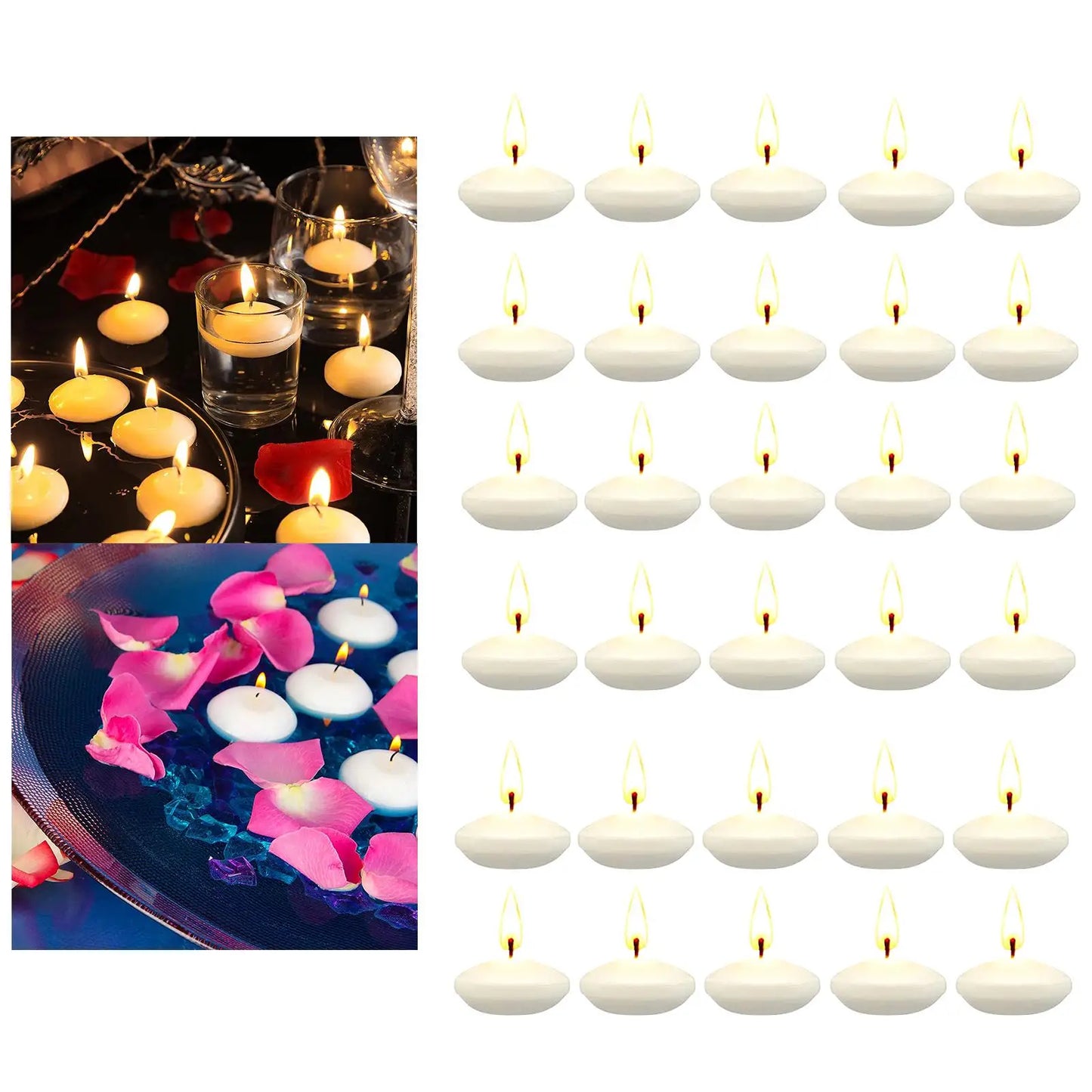 Candles: 30Pcs Romantic Unscented Floating Candles DIY Round Decor Party Supplies for Dinners Anniversary Weddings Valentines Events