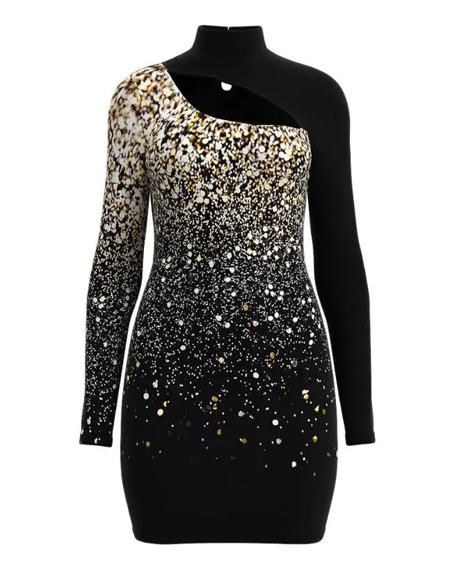 Sequin Goddess Dress (12): Women's Fashion Sexy Skinny Dresses Autumn New Christmas Glitter Print Cutout FrontBodycon Elegant Long Sleeve Mini Dress