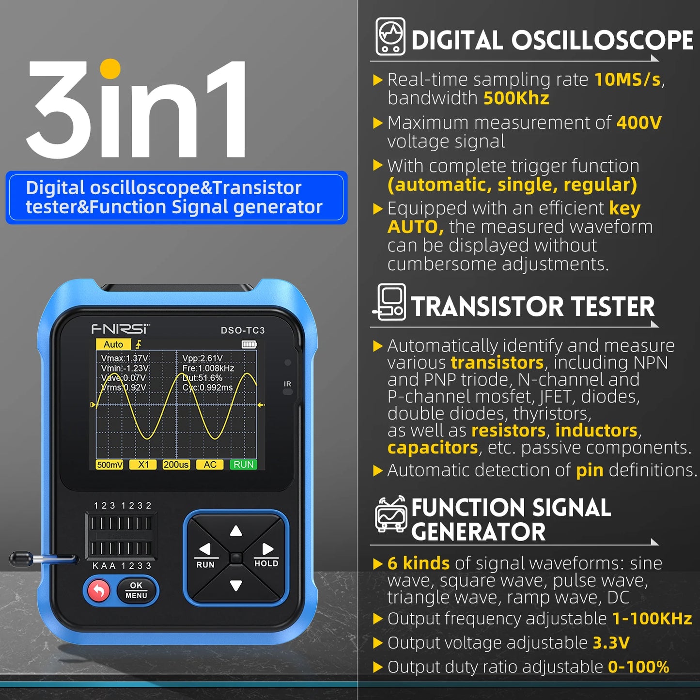 FNIRSI 500KHZ2.4 IncHandheld Digital Oscilloscope 1CH 3in1 Multifunctional Transistor Tester DIY Electronic Components Detection