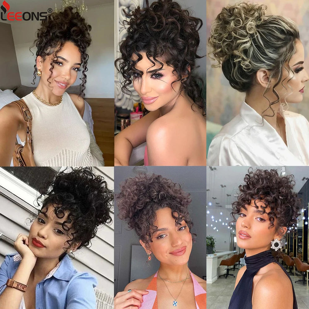 Leeons Drawstring Curly Bun Synthetic Chignon Hairpiece For Women Drawstring Ponytail Kinky Curly Tail Clip Hair Extensions