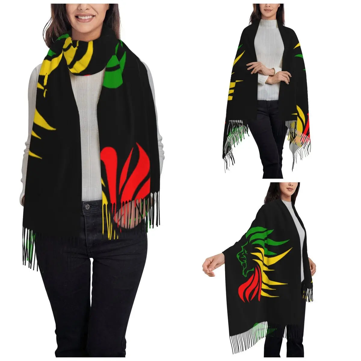 Reggae Scarf🇯🇲: Women's Scarf with Tassel Rasta Lion Rastafari Jamaica Judah Large Winter Fall Shawl Wrap Daily Wear Pashmina Scarves