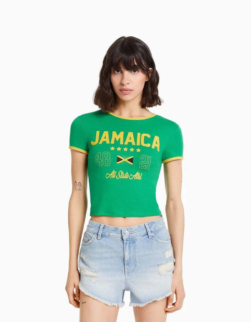 Jamaica T-Shirt🇯🇲: Aesthetic Women's JAMAICA Letter Printed Gothic Cut Top Street Wear Baby T-shirt Retro Casual Short Sleeve T-shirt Y2k Clothing