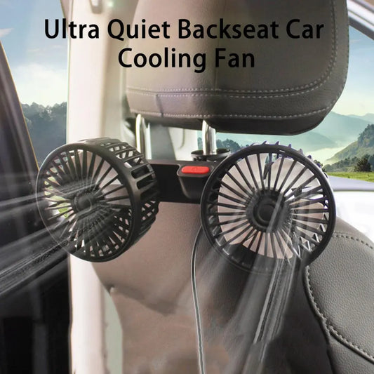 New Car Fan 360 Degree Rotatable Double Head 5 Blades 3 Speeds Strong Wind Cooling USB Charging Rear Seat Passenger Car Seat Fan