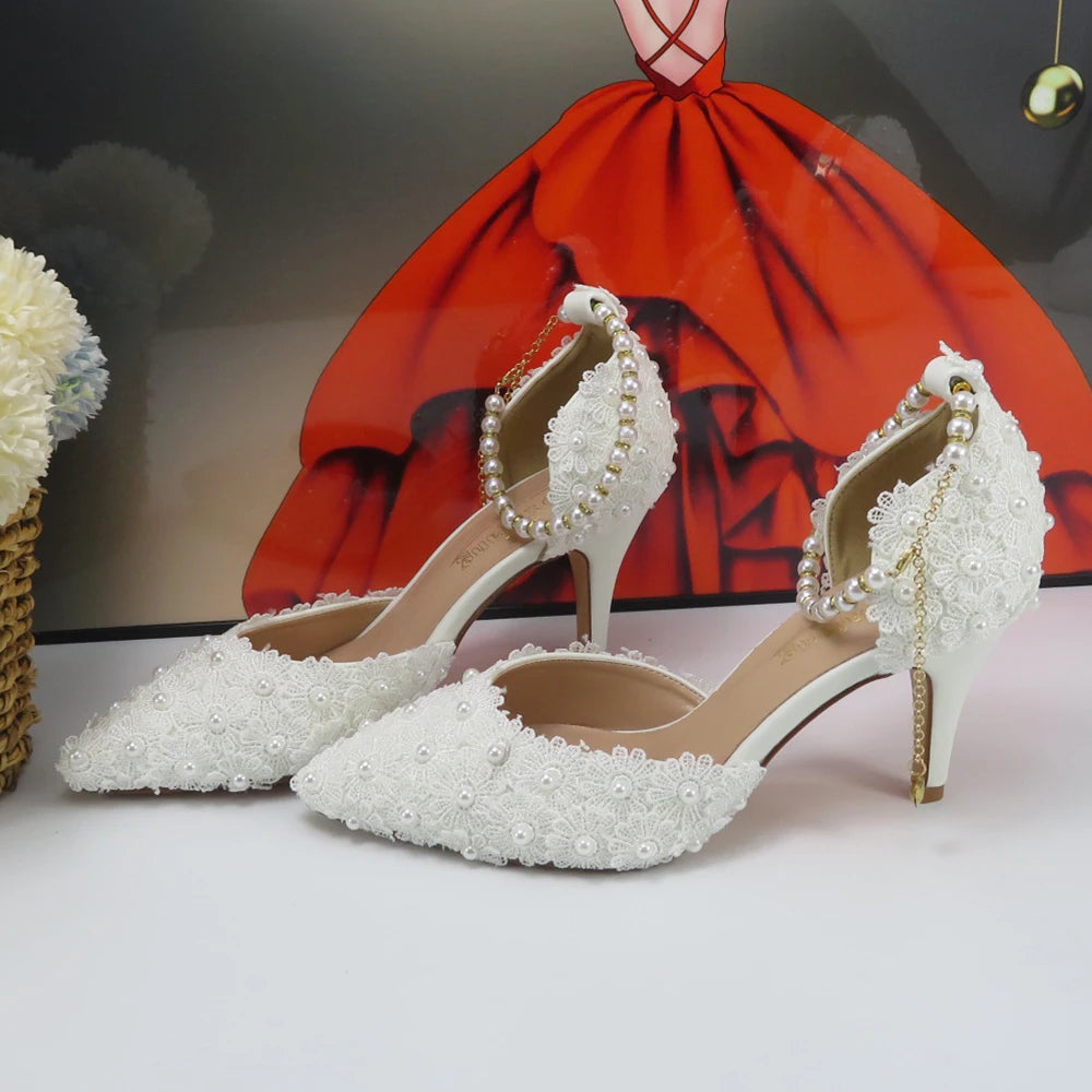 Spring New Arrival Lace Flower Wedding Shoes With Matching Bags High Heels Pointed Toe Ankle Strap Ladies Party shoe and bag