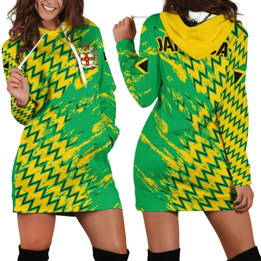 Jamaican Inspired Dress🇯🇲: JAMAICA Emblem Country Flag New Harajuku Novelty 3D Print Autumn Hoodie Dress Women Casual Wear Long Sleeve Hooded Dress Plus Size