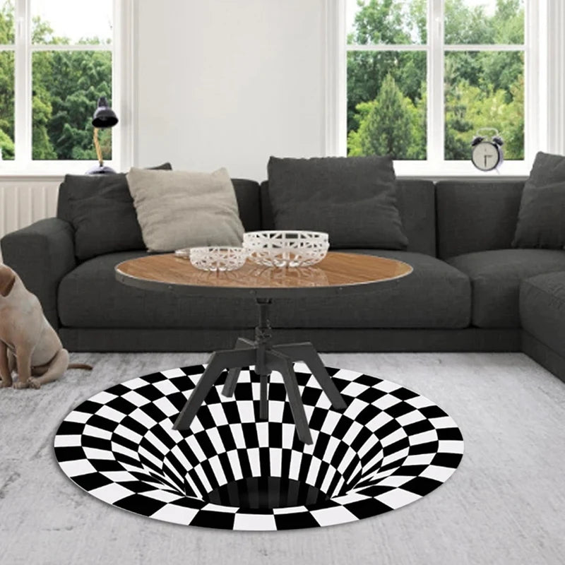 Vortex Illusion Rug 3D Trap Effect Bottomless Hole Carpet Round Black White Grid Room Bedroom Anti-Slip Floor Mats