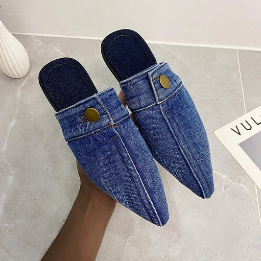 2023 New Womens Slippers Pointed Toe Denim Jeans Flat Slipper Slingbacks Womens Shoes Fashion Sandals Ladies Casual Shoes