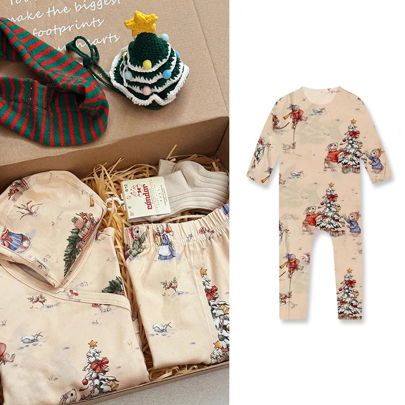 Kids Boys Girls Cotton Christmas Pajamas Set 2023 Winter New Cute Print Long Sleeve Baby Rompers Pajamas