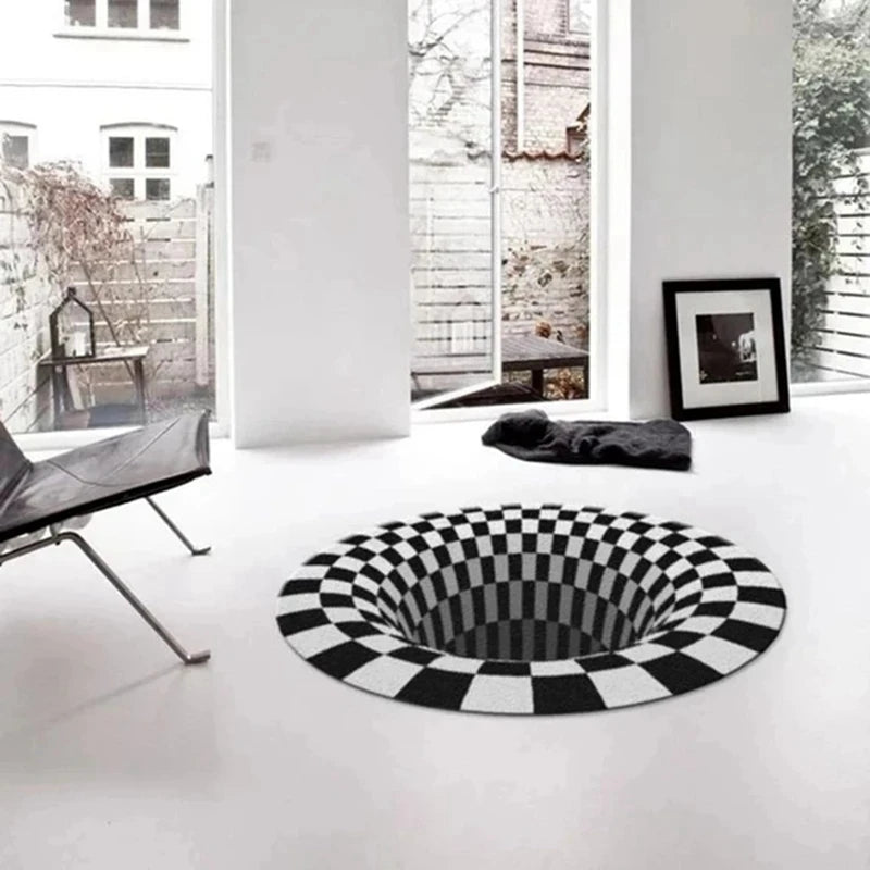 Vortex Illusion Rug 3D Trap Effect Bottomless Hole Carpet Round Black White Grid Room Bedroom Anti-Slip Floor Mats