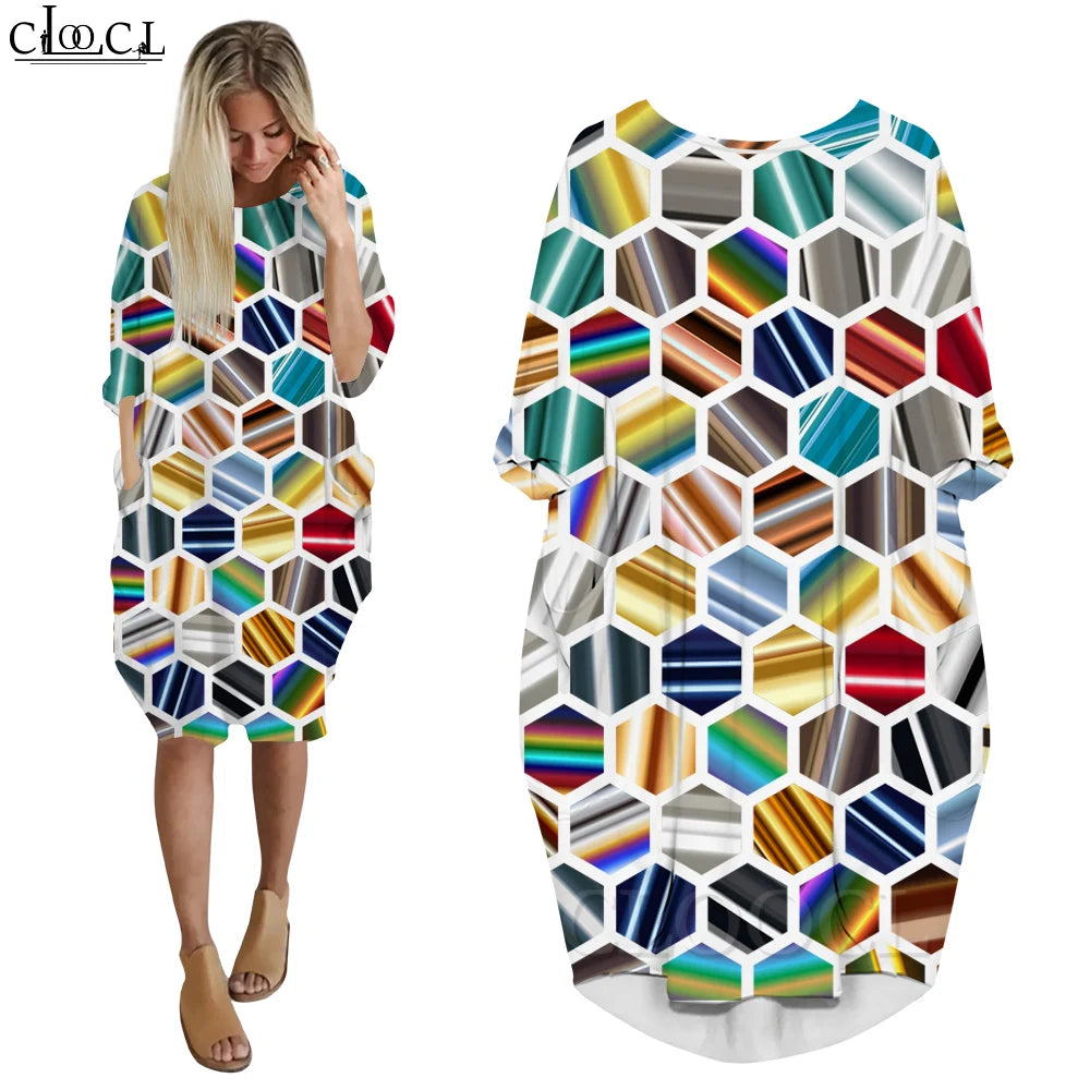 Striking Print Vortex Dress: CLOOCL Illusion Vortex Dresses Women Fashion Casual Female Clothing Print Eye-catching Street Wear Long Sleeve Midi Dresses Plus Size