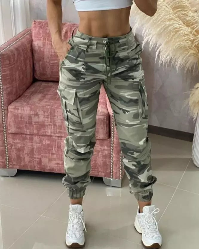 Camouflage Print Drawstring Pocket Design Cargo Pants 2022 Newfashion Women's Bottom