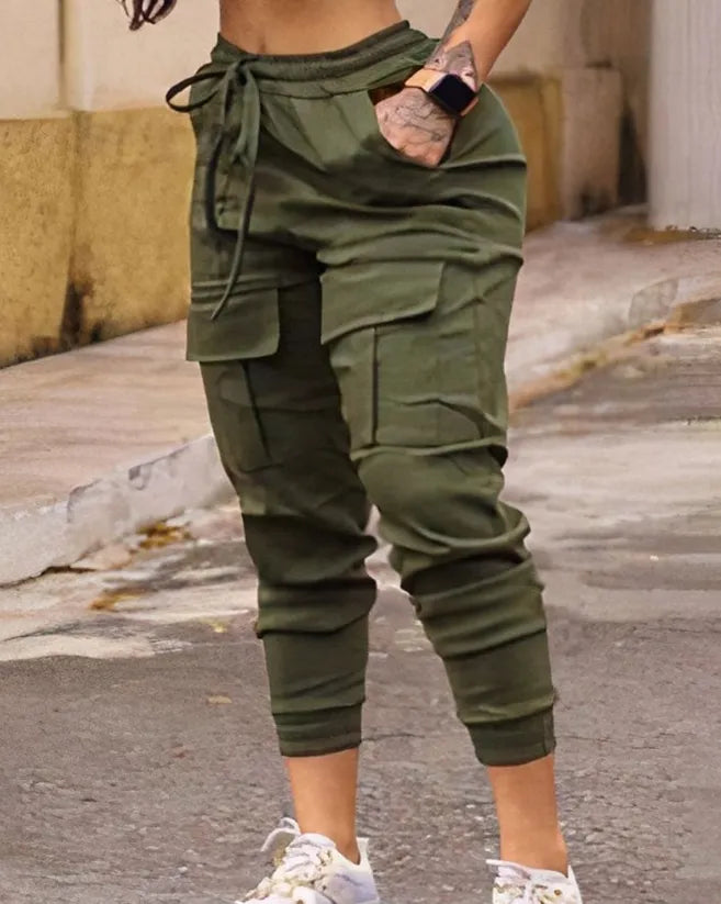 Women's Cargo Pants Casual Trousers 2023 New Solid Color Trend Street Pocket Design Cuff Suspenders Decorative Cargo Pants